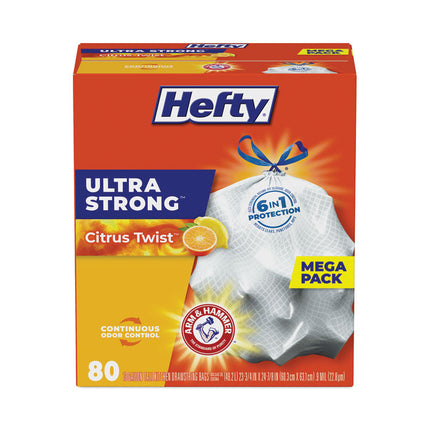 Extra Heavy-Duty Ultra Strong Scented Tall Kitchen Bags, Drawstring, 13 gal, Citrus Twist, 23.75" x 24.88", White, 80/Box