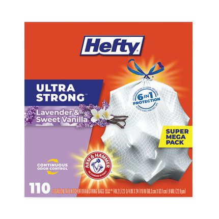 Ultra Strong Scented Tall Kitchen Bags, Drawstring, 13 gal, Lavender/Vanilla, 23.75" x 24.88", White, 110/Box, 3 Boxes/Carton