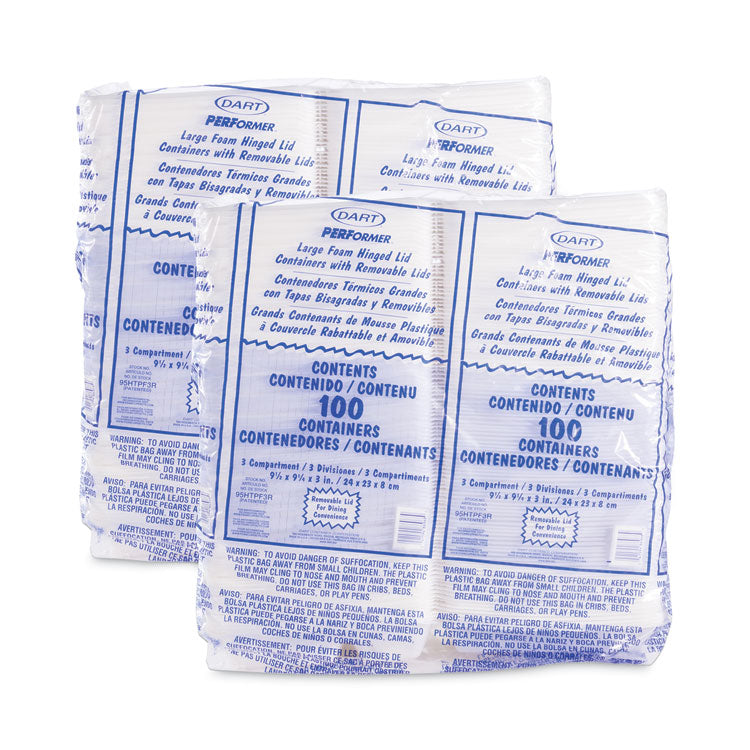 Foam Hinged Lid Container, 3 Compartments, 9.3 x 9.5 x 3, White, 100/Bag, 2 Bag/Carton