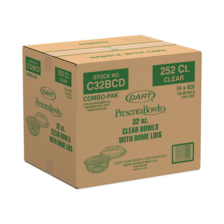 PresentaBowls Bowl/Lid Combo-Paks, 32 oz, Clear, Plastic, 63/Pack, 4 Pack/Carton