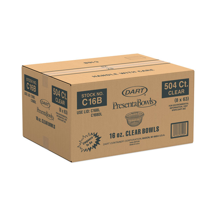 PresentaBowls Clear Bowls, 16 oz, Plastic, 63/Bag, 8 Bags/Carton, 504 Bowls/Carton
