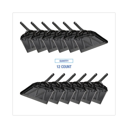 Metal Dust Pan, 12 x 14, 5" Handle, 20-Gauge Steel, Black, 12/Carton