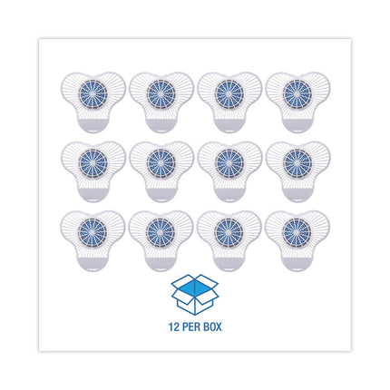 Urinal Screen with Non-Para Deodorizer Block, Green Apple Scent, 3.25 oz, Blue/White, 12/Box