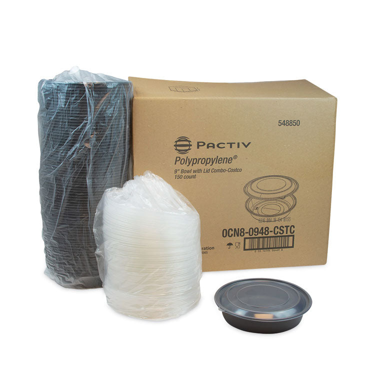 EarthChoice MealMaster Container with Lid, 48 oz, 10.13" Diameter x 2.13" h, Black/Clear, Plastic, 150/Carton