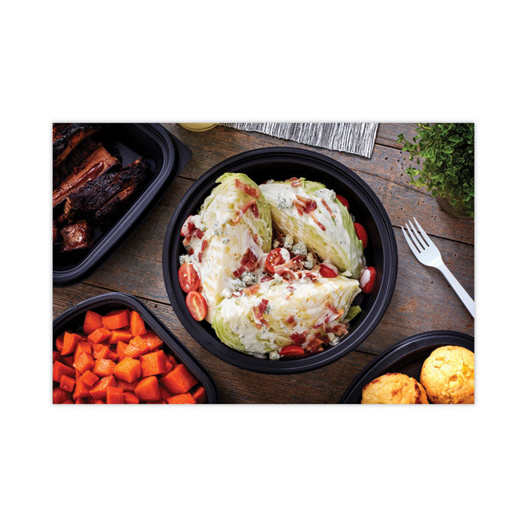 EarthChoice MealMaster Container with Lid, 48 oz, 10.13" Diameter x 2.13" h, Black/Clear, Plastic, 150/Carton