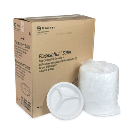 Placesetter Satin Non-Laminated Foam Dinnerware, 3-Compartment Plate, 10.25" dia, White, 540/Carton