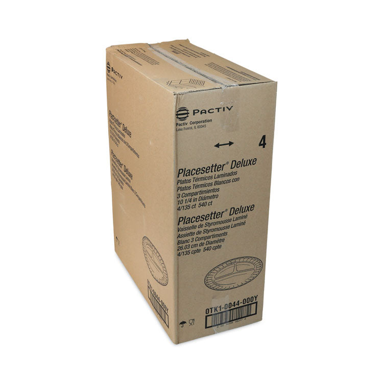 Placesetter Deluxe Laminated Foam Dinnerware, 3-Compartment Plate, 10.25" dia, White, 540/Carton