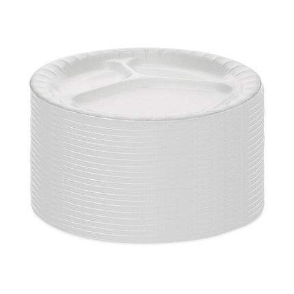 Placesetter Deluxe Laminated Foam Dinnerware, 3-Compartment Plate, 8.88" dia, White, 500/Carton