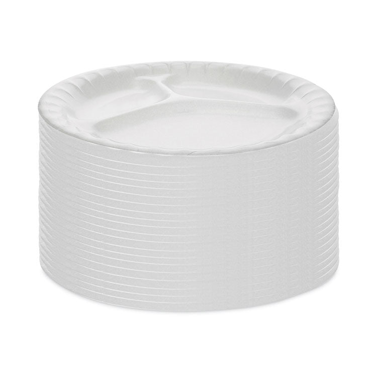Placesetter Deluxe Laminated Foam Dinnerware, 3-Compartment Plate, 8.88" dia, White, 500/Carton