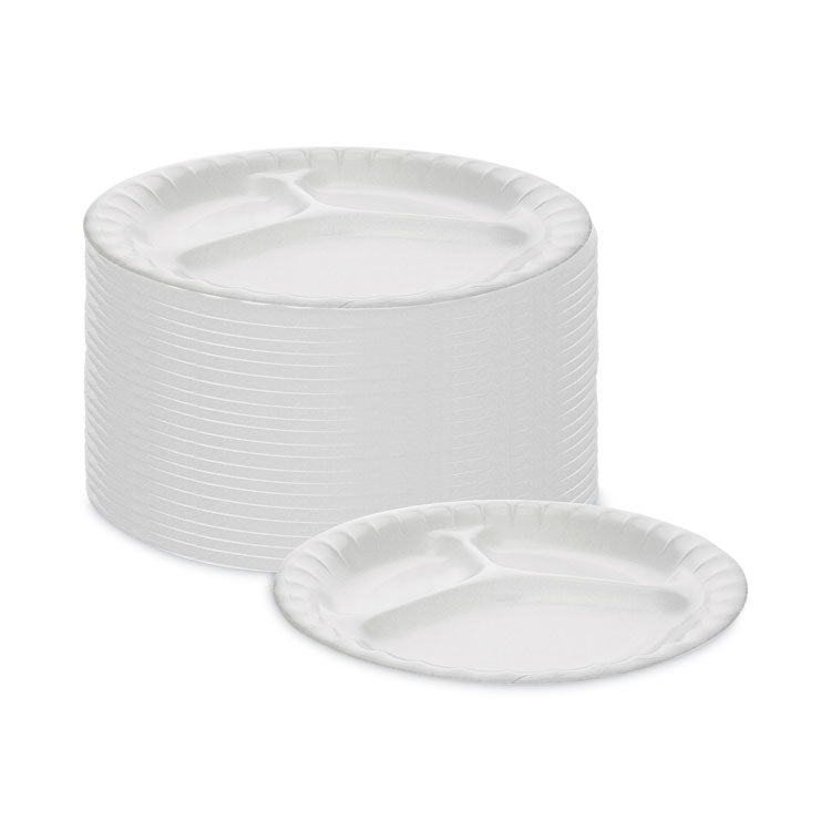 Placesetter Deluxe Laminated Foam Dinnerware, 3-Compartment Plate, 8.88" dia, White, 500/Carton