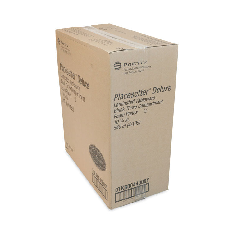 Placesetter Deluxe Laminated Foam Dinnerware, 3-Compartment Plate, 10.25" dia, Black, 540/Carton