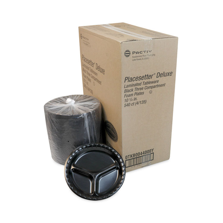 Placesetter Deluxe Laminated Foam Dinnerware, 3-Compartment Plate, 10.25" dia, Black, 540/Carton