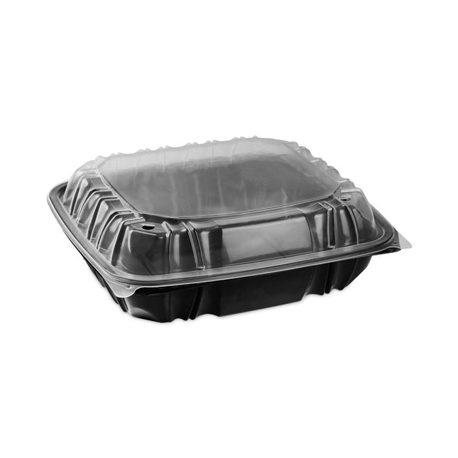 EarthChoice Vented Dual Color Microwavable Hinged Lid Container, 66 oz, 10.5 x 9.5 x 3, Black/Clear, Plastic, 132/Carton