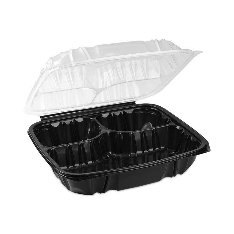 EarthChoice Vented Dual Color Microwavable Hinged Lid Container, 3-Compartment Base/Lid, 34 oz, Black/Clear, Plastic, 132/CT