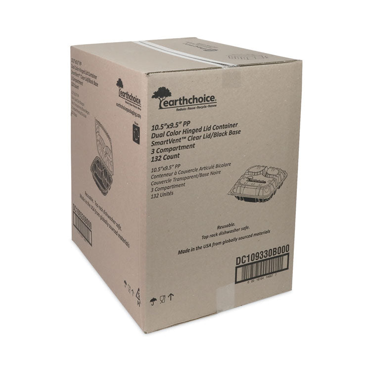 EarthChoice Vented Dual Color Microwavable Hinged Lid Container, 3-Compartment Base/Lid, 34 oz, Black/Clear, Plastic, 132/CT