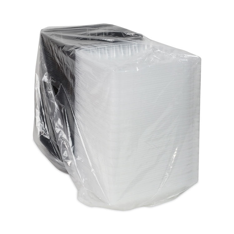 EarthChoice Vented Dual Color Microwavable Hinged Lid Container, 3-Compartment Base/Lid, 34 oz, Black/Clear, Plastic, 132/CT