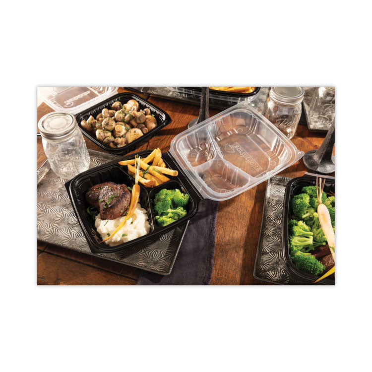 EarthChoice Vented Dual Color Microwavable Hinged Lid Container, 3-Compartment Base/Lid, 34 oz, Black/Clear, Plastic, 132/CT