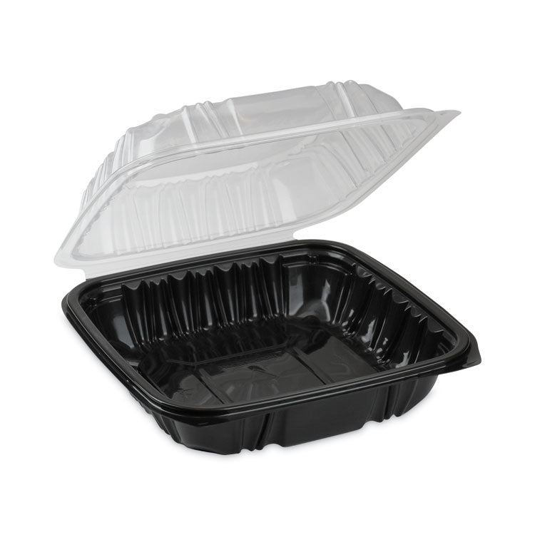 EarthChoice Vented Dual Color Microwavable Hinged Lid Container, 28 oz, 7.5 x 7.5 x 3, Black/Clear, Plastic, 150/Carton