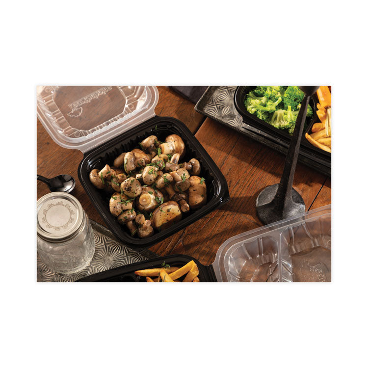 EarthChoice Vented Dual Color Microwavable Hinged Lid Container, 28 oz, 7.5 x 7.5 x 3, Black/Clear, Plastic, 150/Carton