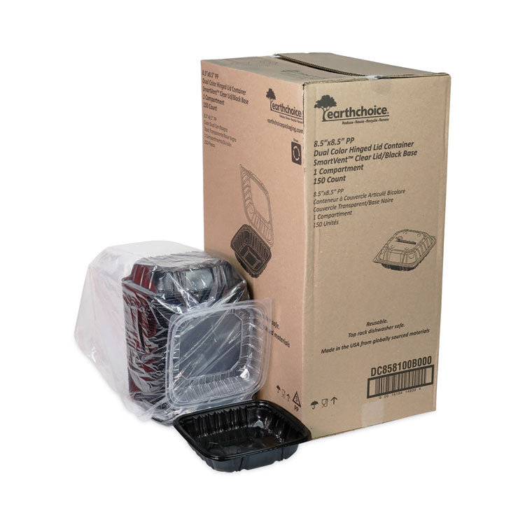EarthChoice Vented Dual Color Microwavable Hinged Lid Container, 38 oz, 8.5 x 8.5 x 3, Black/Clear, Plastic, 150/Carton