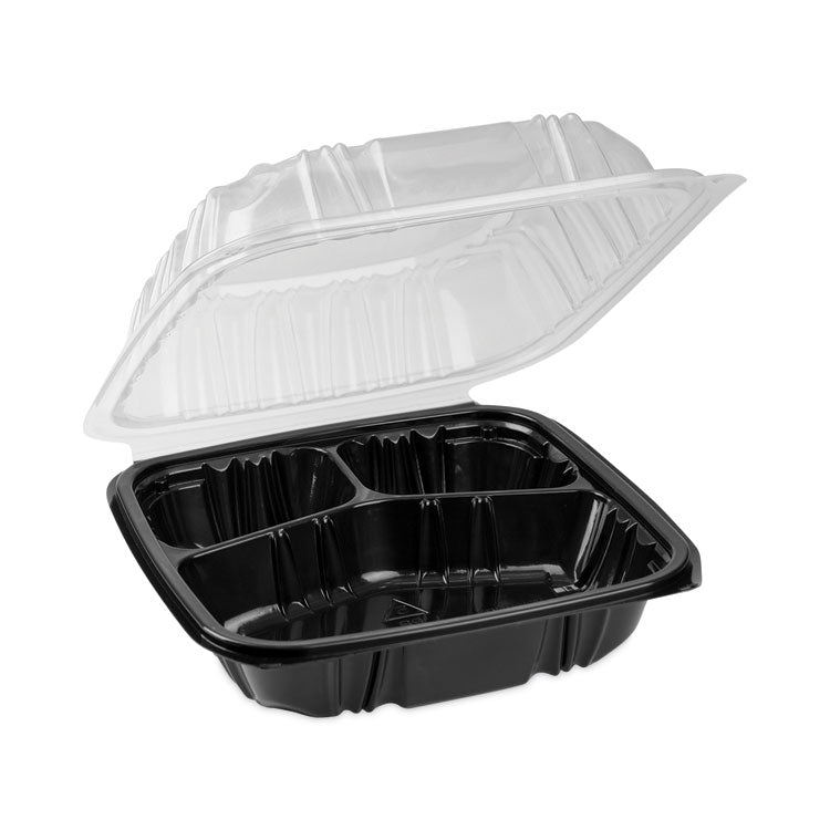 EarthChoice Vented Dual Color Microwavable Hinged Lid Container, 3 Compartments, 21 oz, Black/Clear, Plastic, 150/Carton