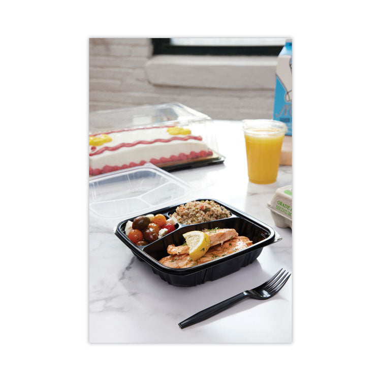 EarthChoice Vented Dual Color Microwavable Hinged Lid Container, 3 Compartments, 33 oz, Black/Clear, Plastic, 150/Carton