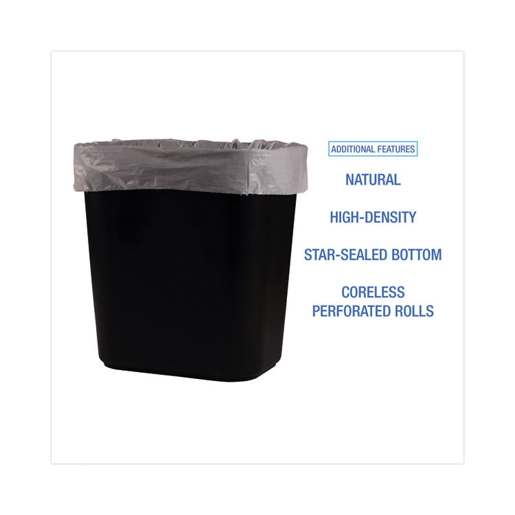 High-Density Can Liners, 10 gal, 6 mic, 24" x 23", Natural, Perforated Roll, 50 Bags/Roll, 20 Rolls/Carton