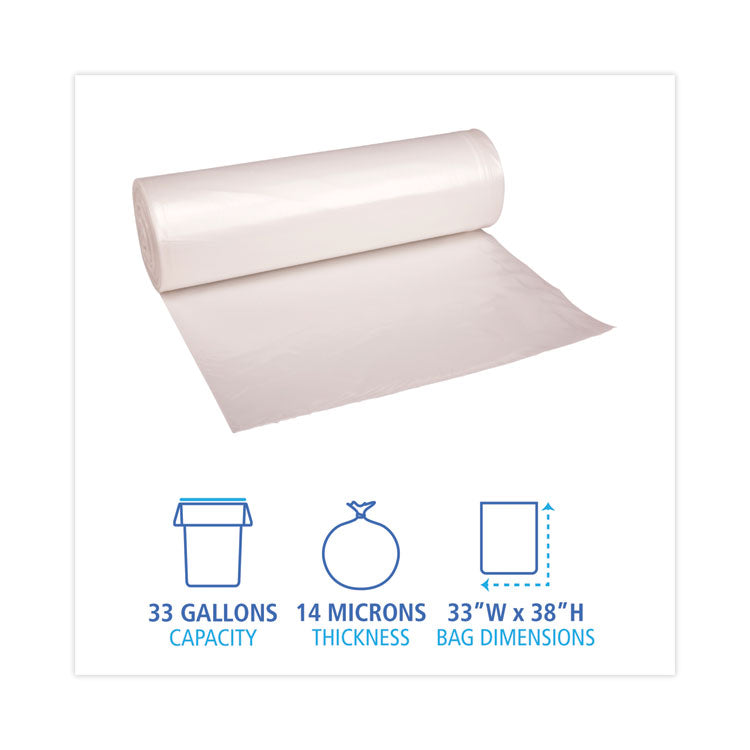 High-Density Can Liners, 33 gal, 14 mic, 33" x 38", Natural, Perforated Roll, 25 Bags/Roll, 10 Rolls/Carton