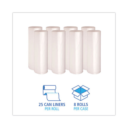 High-Density Can Liners, 60 gal, 11 mic, 38" x 58", Natural, Perforated Roll, 25 Bags/Roll, 8 Rolls/Carton