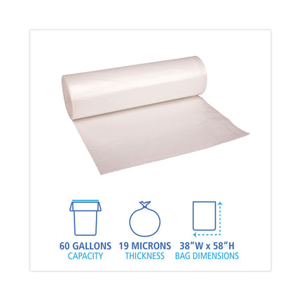 High-Density Can Liners, 60 gal, 19 mic, 38" x 58", Natural, Perforated Roll, 25 Bags/Roll, 6 Rolls/Carton