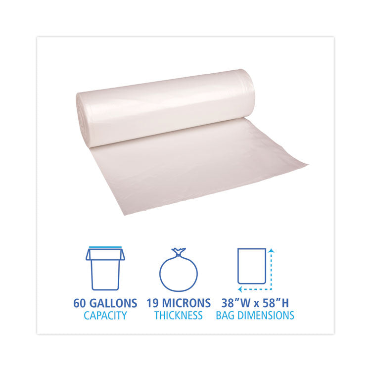 High-Density Can Liners, 60 gal, 19 mic, 38" x 58", Natural, Perforated Roll, 25 Bags/Roll, 6 Rolls/Carton