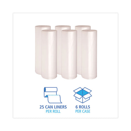 High-Density Can Liners, 60 gal, 19 mic, 38" x 58", Natural, Perforated Roll, 25 Bags/Roll, 6 Rolls/Carton