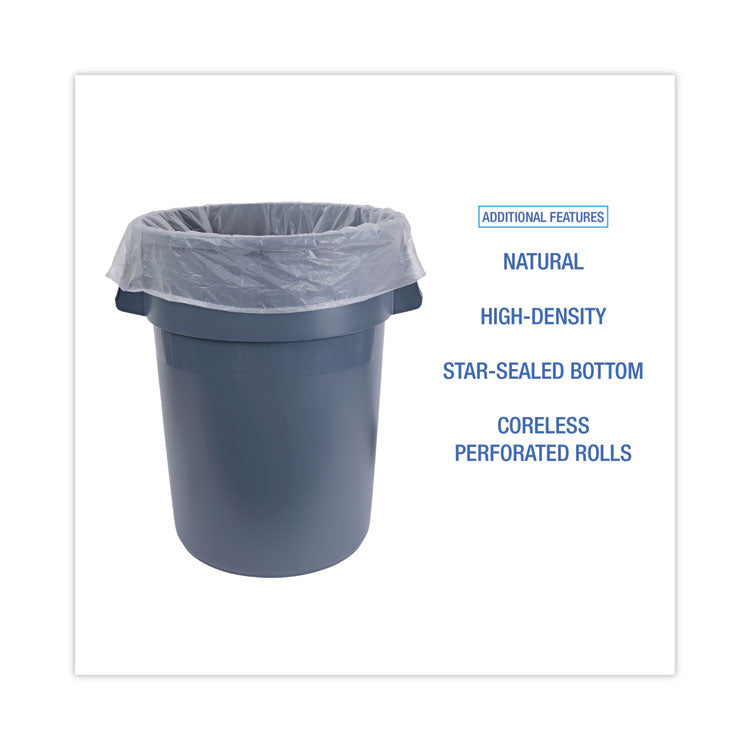 High-Density Can Liners, 60 gal, 19 mic, 38" x 58", Natural, Perforated Roll, 25 Bags/Roll, 6 Rolls/Carton