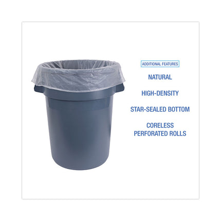 High-Density Can Liners, 60 gal, 14 mic, 38" x 58", Natural, Perforated Roll, 25 Bags/Roll, 8 Rolls/Carton