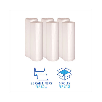 High-Density Can Liners, 56 gal, 19 mic, 43" x 47", Natural, Perforated Roll, 25 Bags/Roll, 6 Rolls/Carton