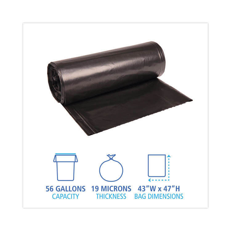 High-Density Can Liners, 56 gal, 19 mic, 43" x 47", Black, Perforated Roll, 25 Bags/Roll, 6 Rolls/Carton