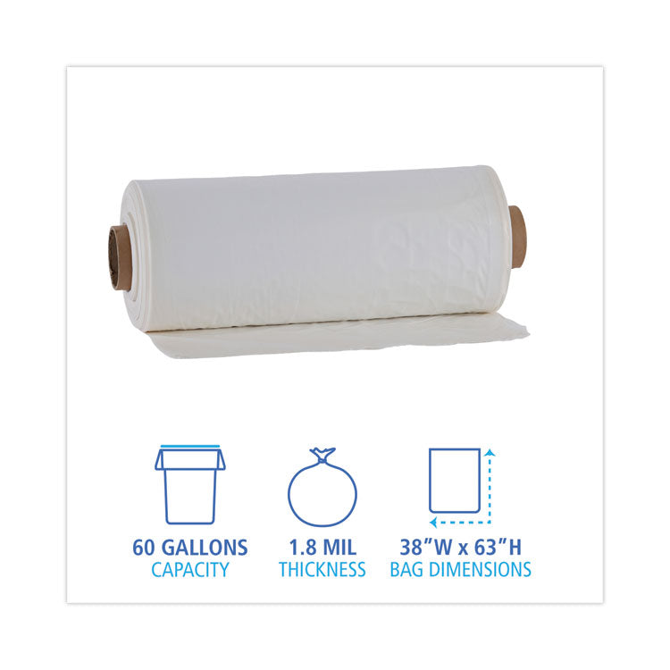 Industrial Can Liner Rolls, 60 gal, 1.8 mil, 21" x 17" x 63", Clear, 75/Carton