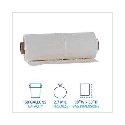 Industrial Drum Liners Rolls, 60 gal, 2.7 mil, 38" x 63", Clear, 50/Carton