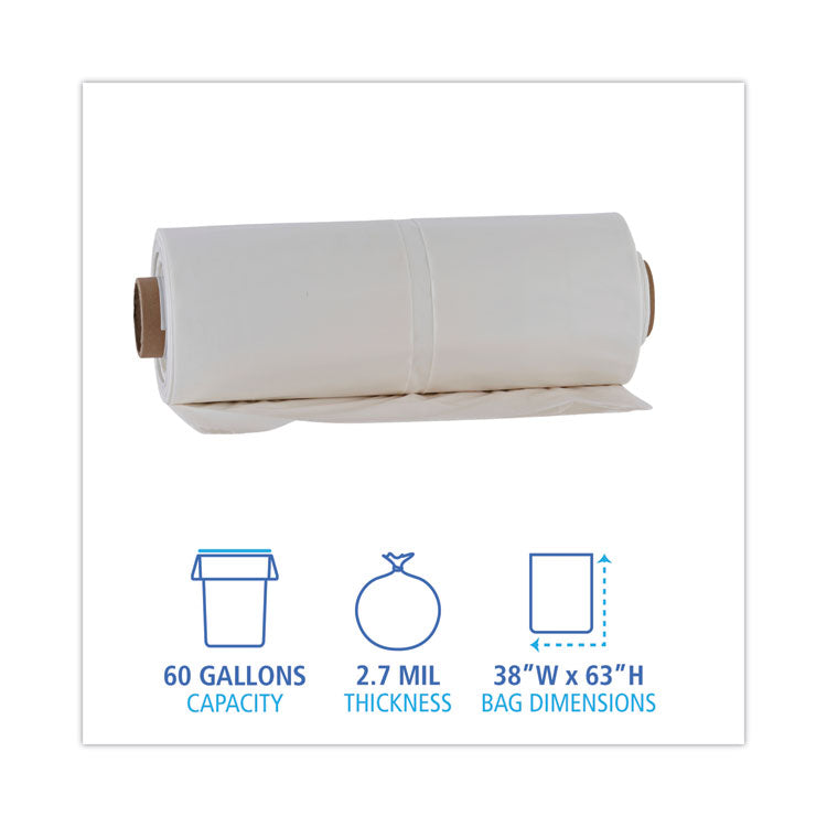 Industrial Drum Liners Rolls, 60 gal, 2.7 mil, 38" x 63", Clear, 50/Carton