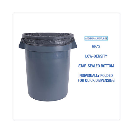 Linear Low Density Industrial Can Liners, 33 gal, 1.3 mil, 33" x 39", Gray, Flat Pack, 100/Carton