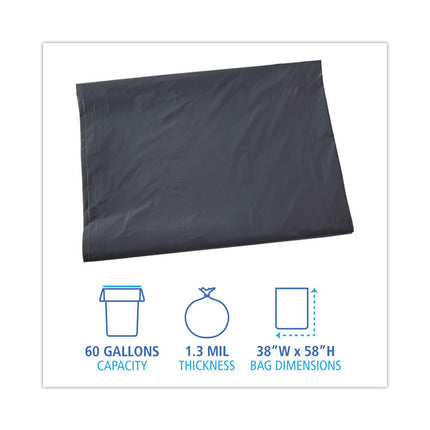Linear Low Density Industrial Can Liners, 60 gal, 1.3 mil, 38" x 58", Gray, Flat Pack, 100/Carton