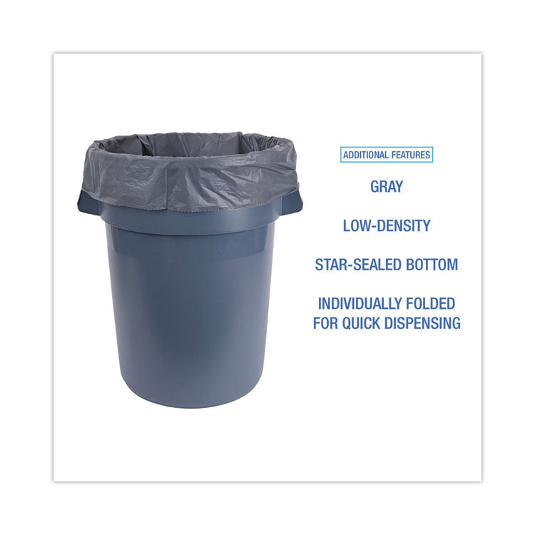 Linear Low Density Industrial Can Liners, 60 gal, 1.3 mil, 38" x 58", Gray, Flat Pack, 100/Carton