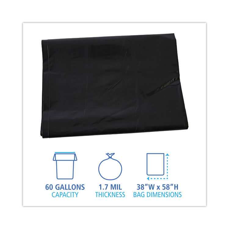 Linear Low Density Industrial Can Liners, 60 gal, 1.7 mil, 38" x 58", Black, Flat Pack, 100/Carton