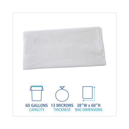High Density Industrial Can Liners Flat Pack, 60 gal, 13 mic, 38" x 60", Natural, Flat Pack, 200/Carton