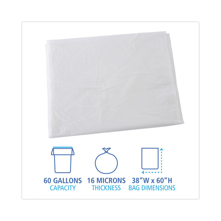 High Density Industrial Can Liners Flat Pack, 60 gal, 16 mic, 38" x 60", Natural, Flat Pack, 100/Carton