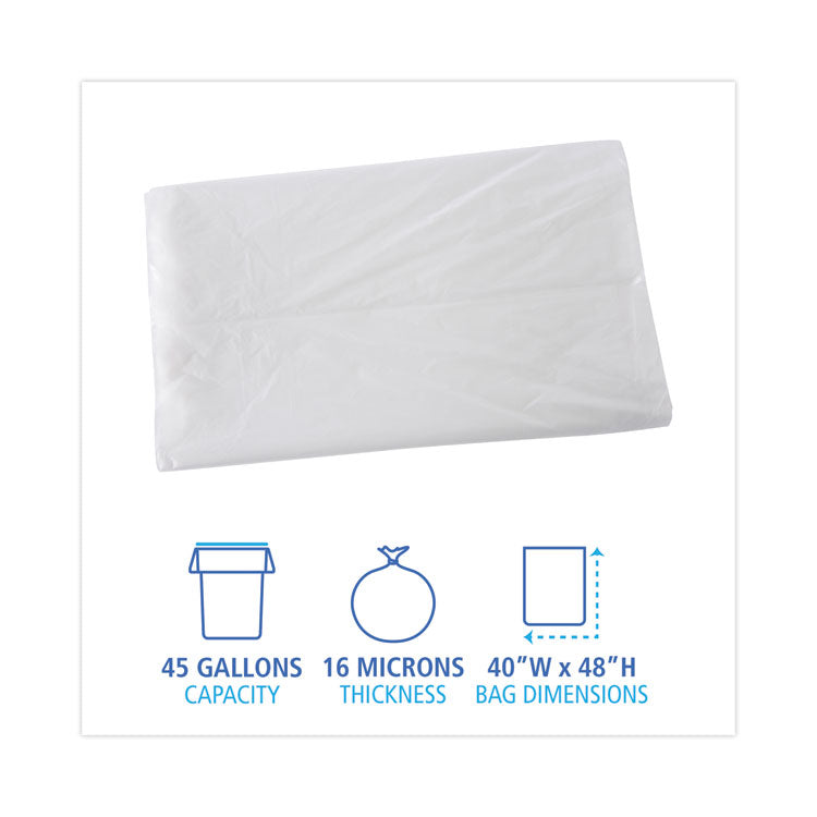 High Density Industrial Can Liners Flat Pack, 45 gal, 16 mic, 40" x 48", Natural, Flat Pack, 200/Carton