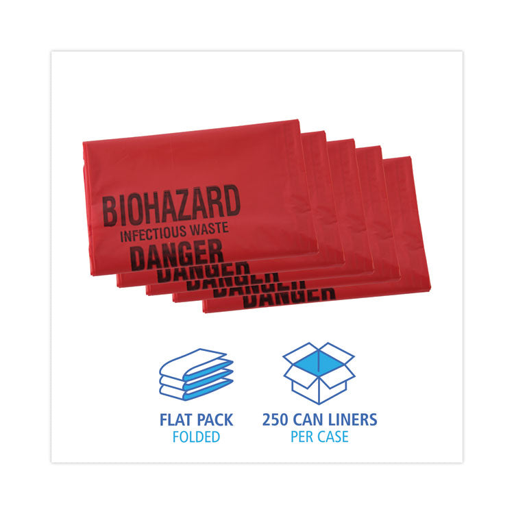 Linear Low Density Health Care Trash Can Liners, 16 gal, 1.3 mil, 24" x 32", Red, Flat Pack, 250/Carton