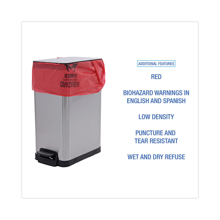 Linear Low Density Health Care Trash Can Liners, 16 gal, 1.3 mil, 24" x 32", Red, Flat Pack, 250/Carton