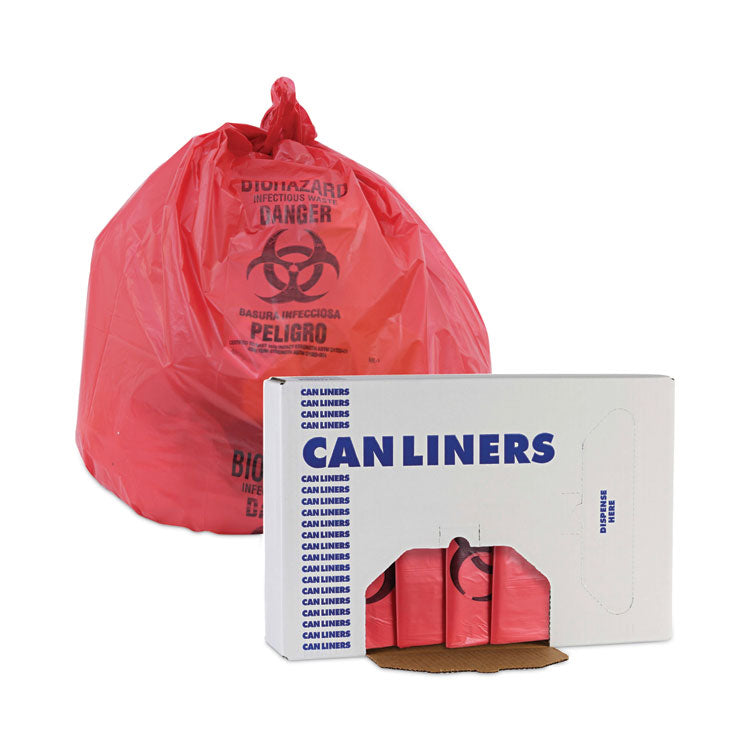 Linear Low Density Health Care Trash Can Liners, 16 gal, 1.3 mil, 24" x 32", Red, Flat Pack, 250/Carton