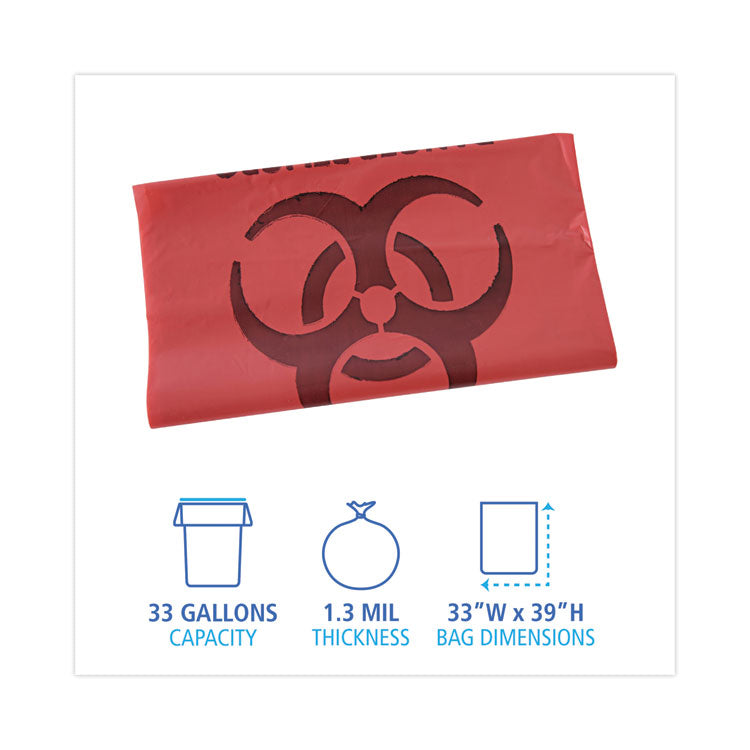 Linear Low Density Health Care Trash Can Liners, 33 gal, 1.3 mil, 33" x 39", Red, Flat Pack, 150/Carton